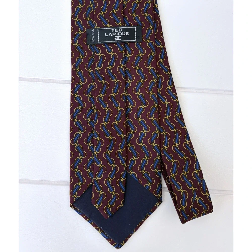 Ted Lapidus Silk Tie Made in USA Burgundy Blue Gold Chain Equestrian 3.75